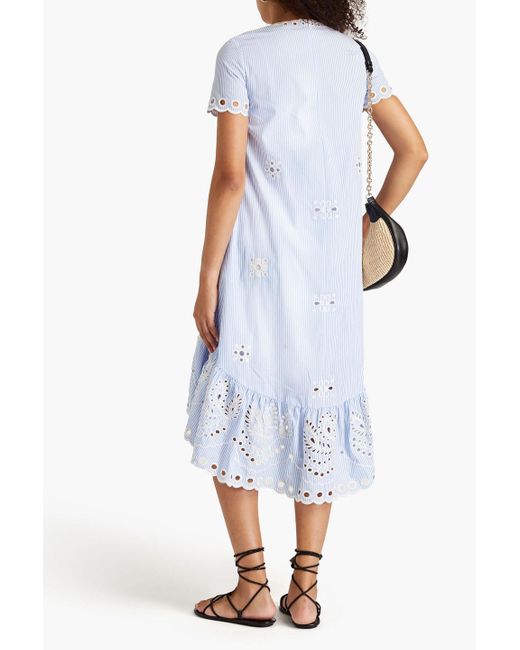 RED Valentino Blue Striped Broderie Anglaise Cotton Midi Dress