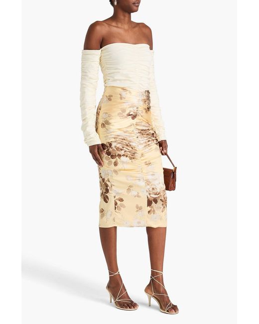 Alessandra Rich Natural Ruched Floral-Print Silk-Blend Satin Midi Pencil Skirt