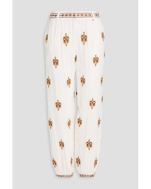 Farm Rio Natural Cropped Embroidered Georgette Tapered Pants