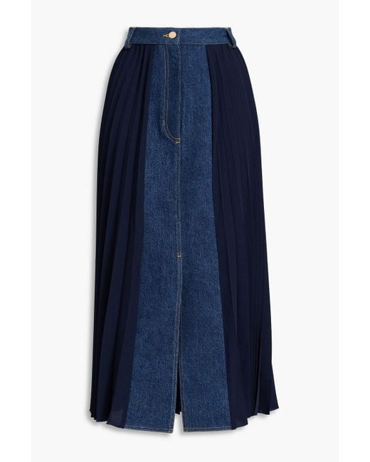 Sandro Blue Denim-Paneled Crepe Midi Skirt