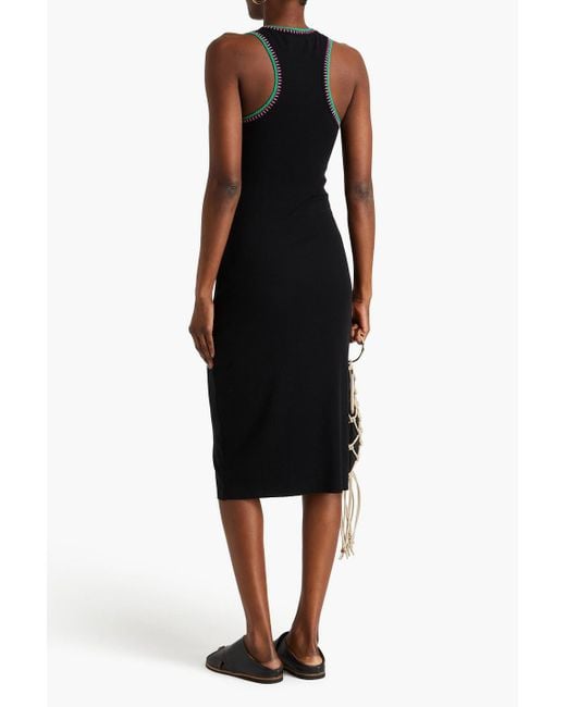 FRAME Black Crocheted Lace-trimmed Ribbed Jersey Midi Dress