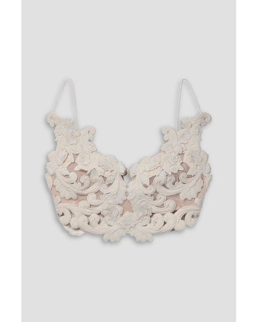Zimmermann White Cropped Appliquéd Velvet, Lace And Mesh Top
