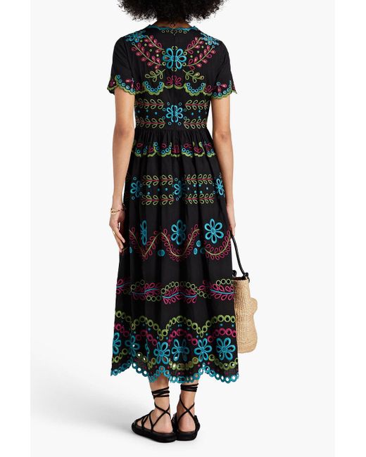 RED Valentino Black Gathered Broderie Anglaise Cotton Midi Dress