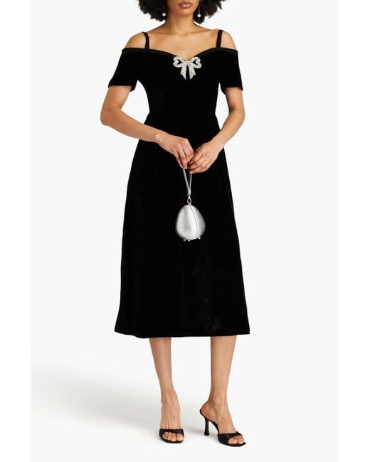 Saloni Black Clementine Cold-shoulder Crystal-embellished Velvet Midi Dress