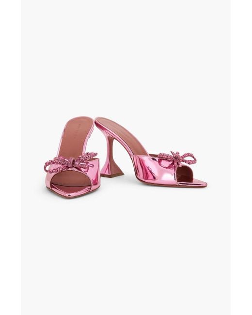 AMINA MUADDI Pink Rosie Crystal-Embellished Bow-Detailed Mirrored-Leather Mules