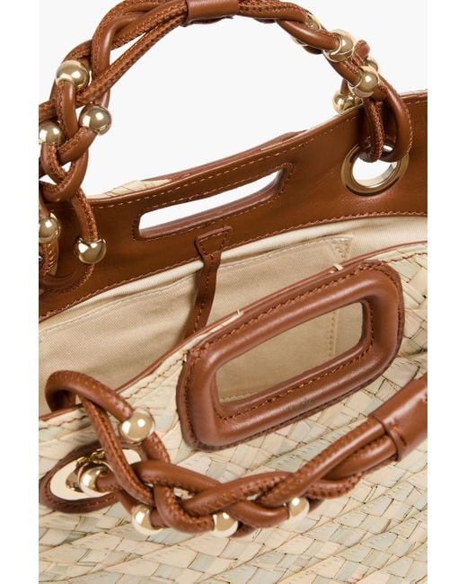 Maje Metallic Tote bag aus stroh mit lederbesatz