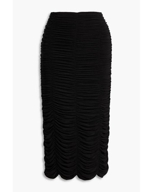 Tibi Black Ruched Stretch-Jersey Midi Skirt