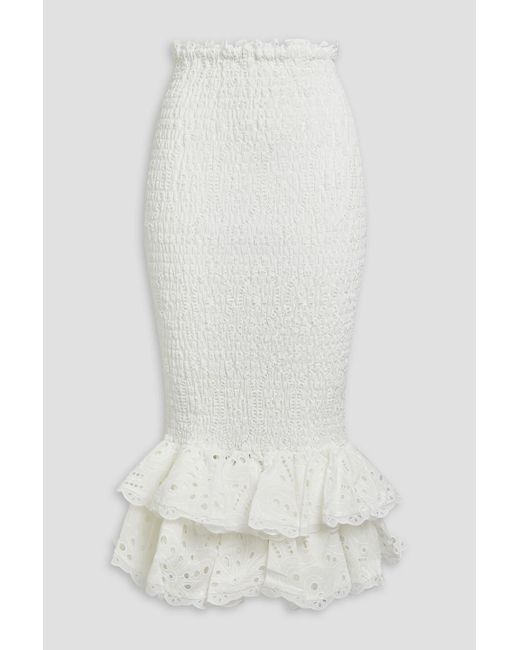 Charo Ruiz White Liliana Shirred Broderie Anglaise Cotton-Blend Midi Skirt