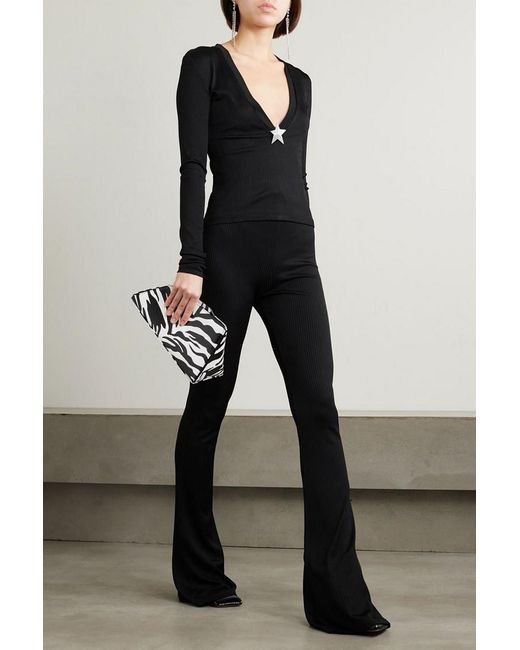 Area Black Embellished Ribbed-jersey Top