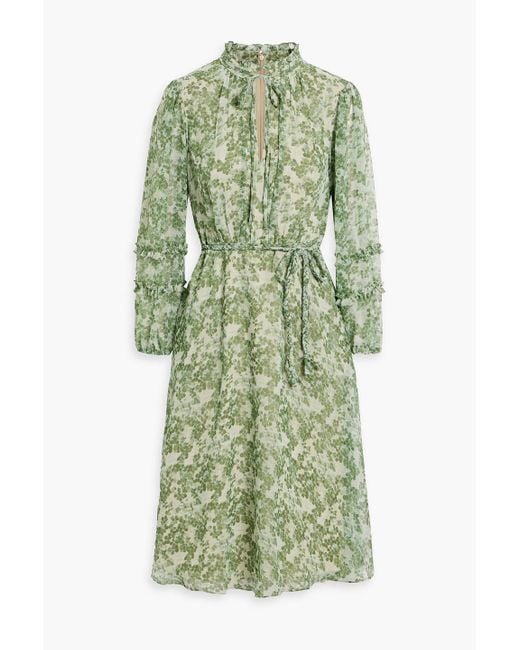 Mikael Aghal Green Ruffled Floral-Print Chiffon Dress