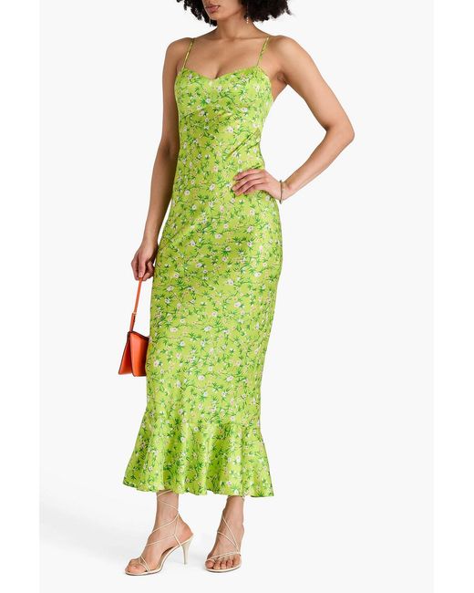 Saloni Green Mimi Floral-Print Silk-Satin Maxi Dress