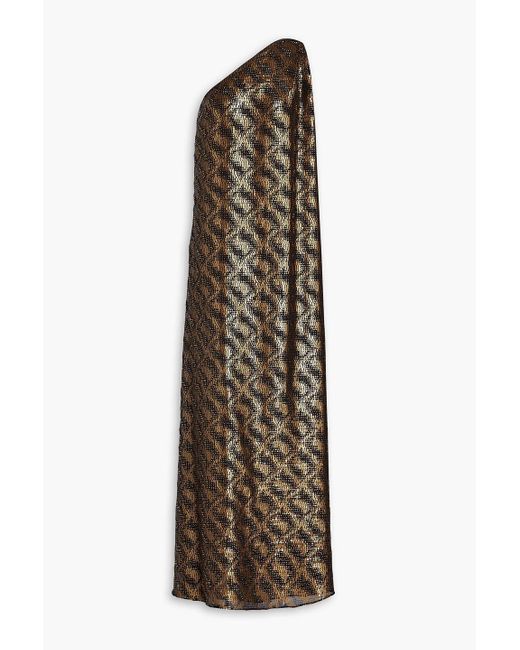 Halston Heritage Natural Lexa One-shoulder Embellished Chiffon Gown