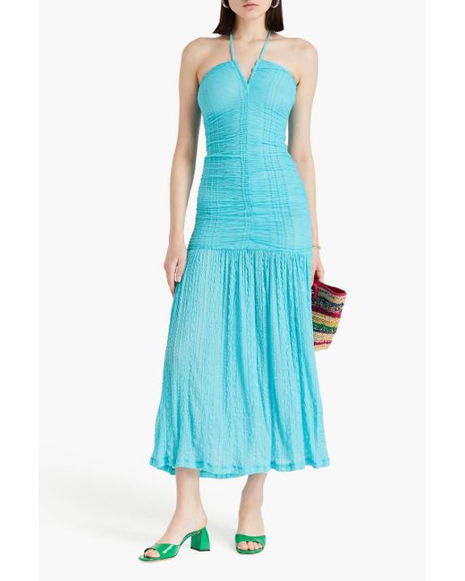 Ganni Blue Ruched Textured-knit Halterneck Maxi Dress