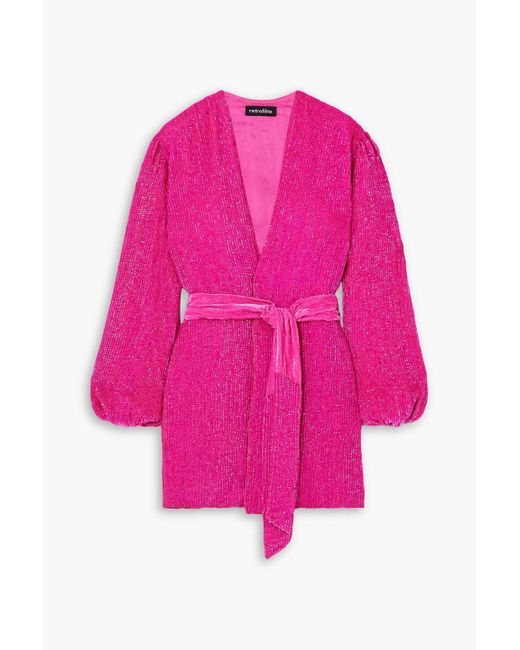 retroféte Pink Gabrielle Velvet-trimmed Sequined Chiffon Wrap Mini Dress