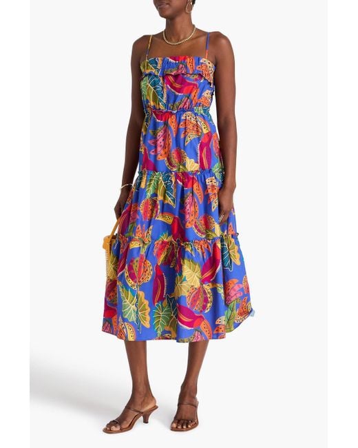 Farm Rio White Gestuftes midikleid aus baumwollpopeline mit print