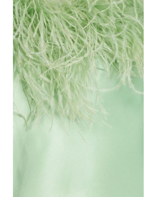 Sleeper Green Boheme Feather-trimmed Satin Midi Slip Dress