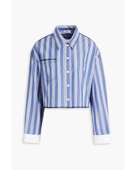 Sandro Blue Warsy Cropped Striped Cotton Shirt