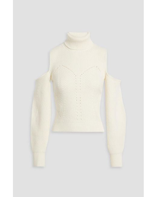 10 Crosby Derek Lam White Cold-shoulder Ribbed Cotton-blend Turtleneck Sweater