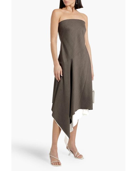 Helmut Lang Asymmetric Layered Wool Midi Dress in Brown | Lyst