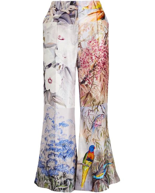 Zimmermann Floral-print Silk-satin Flared Pants - Lyst