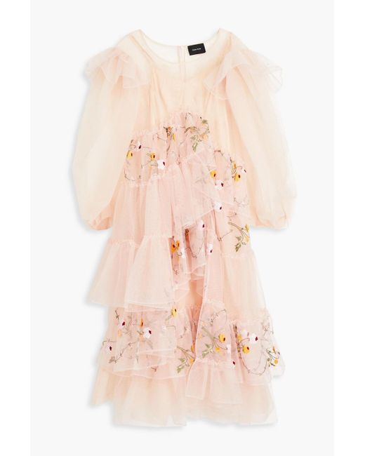 Simone Rocha Pink Tiered Embroidered Tulle Midi Dress