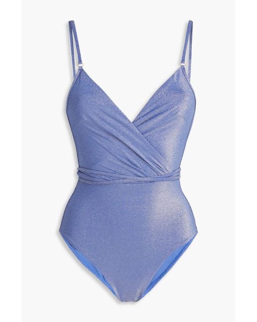 Zimmermann Blue Wrap-effect Metallic Stretch-jersey Swimsuit