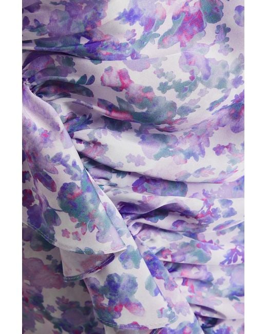 Maje Purple Ruffled Printed Satin Mini Dress
