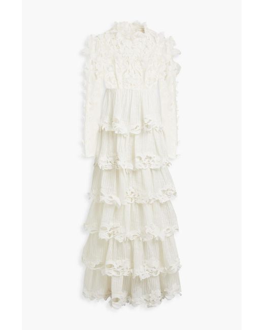Zimmermann White Lace-paneled Tiered Linen And Silk-blend Gauze Gown