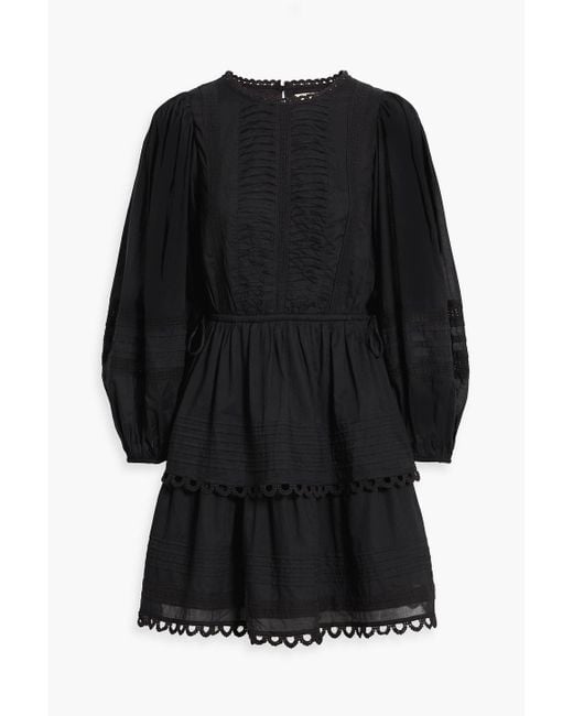 Farm Rio Black Lace-Trimmed Pintucked Cotton-Voile Mini Dress