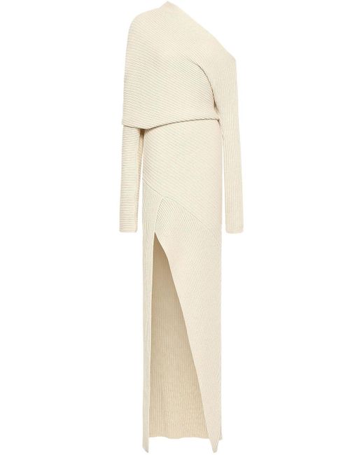Roberto Cavalli Natural One-shoulder Ribbed Alpaca, Silk And Cashmere-blend Gown