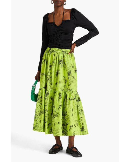 Ganni Green Floral-print Cotton-poplin Midi Skirt
