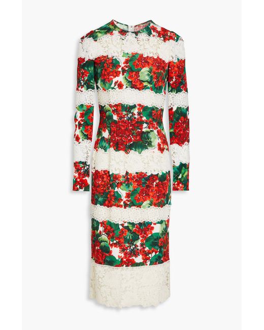 Dolce & Gabbana White Kleid aus crêpe mit floralem print und einsätzen aus guipure-spitze