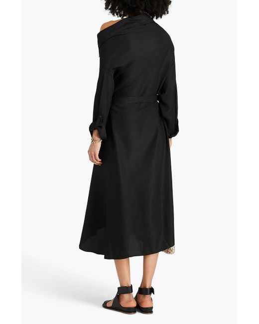 Palmer//Harding Black Belted Satin-twill Midi Shirt Dress