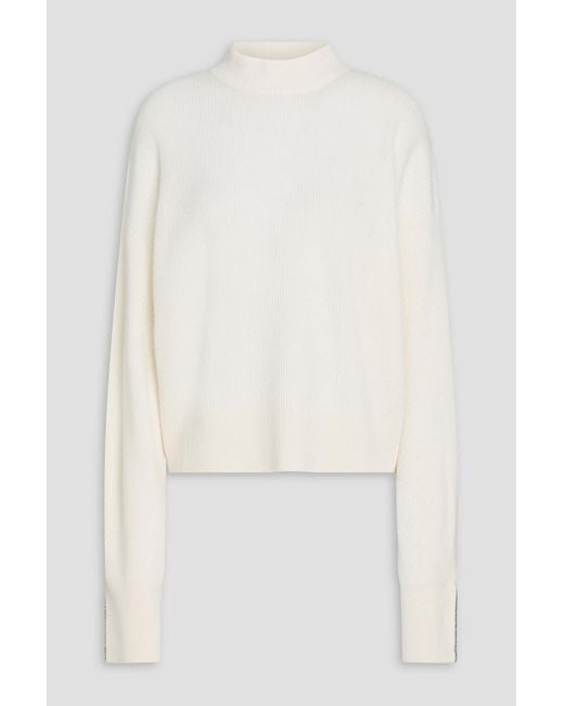 Brunello Cucinelli White Rollkragenpullover aus geripptem kaschmir mit zierperlen