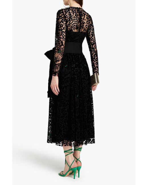RED Valentino Black Belted Flocked Tulle Midi Dress