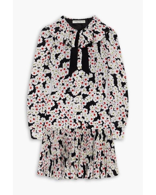 Alessandra Rich Black Bow-detailed Floral-print Silk Crepe De Chine Mini Dress