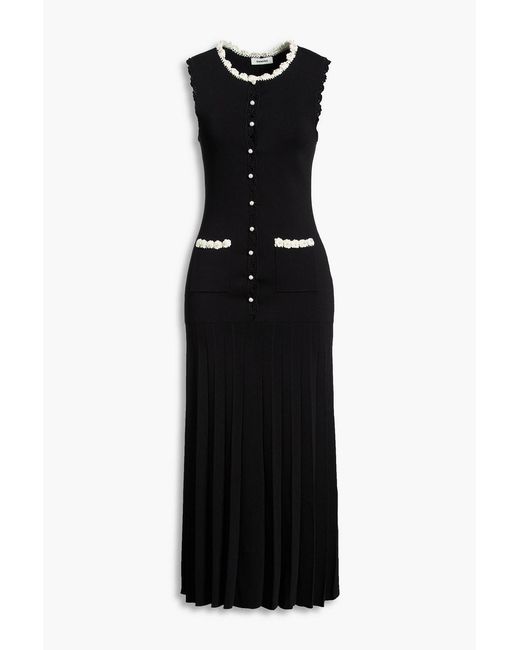 Sandro Black Embellished Pleated Ribbed And Stretch-Knit Midi Dress
