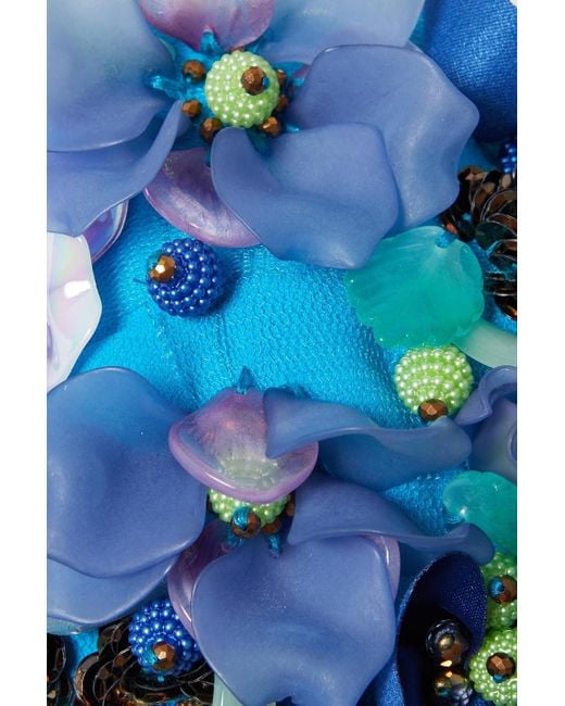 Badgley Mischka Blue Fluted Floral-appliquéd Crepe Dress