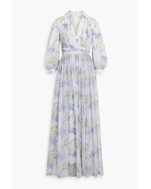 Badgley Mischka White Embellished Floral-print Tulle Maxi Dress