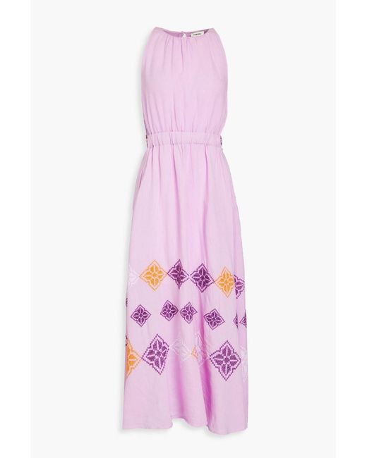 Sandro Pink Embroidered Linen-gauze Midi Dress
