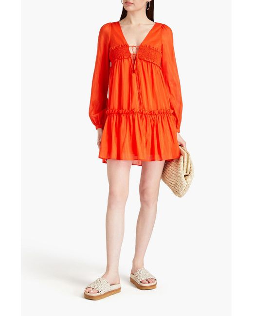 Nicholas Orange Shirred Cotton And Silk-blend Voile Mini Dress