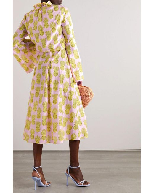 LaDoubleJ Yellow Casanova Pleated Cotton And Silk-Blend Midi Dress