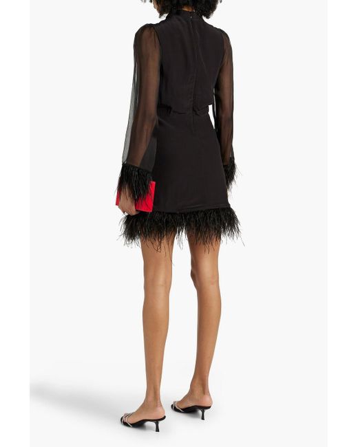 HVN Black Tate Feather-trimmed Crepe De Chine And Silk-chiffon Mini Dress