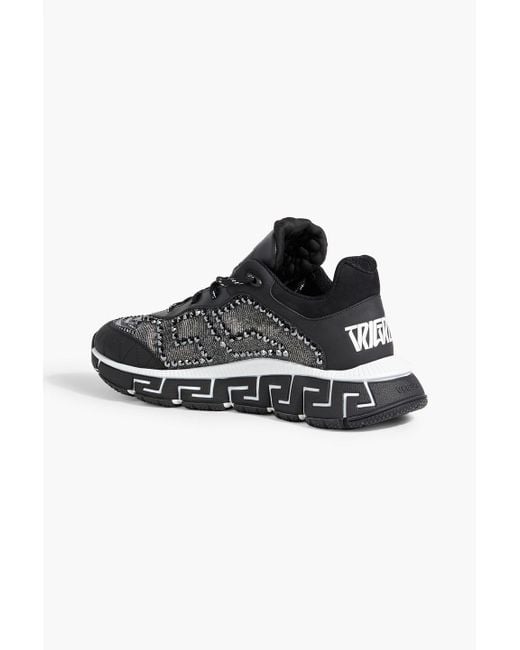 Versace Black Trigreca Crystal-embellished Metallic Mesh And Faux Leather Sneakers for men