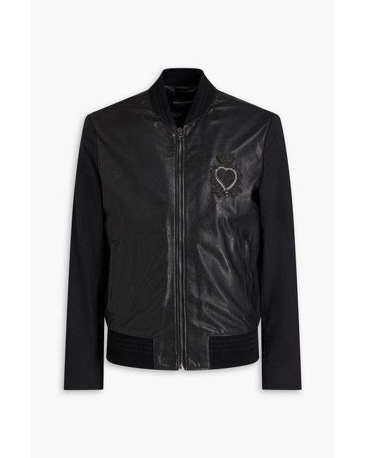 Dolce & Gabbana Black Embellished Leather And Woven Bomber Jacket for men