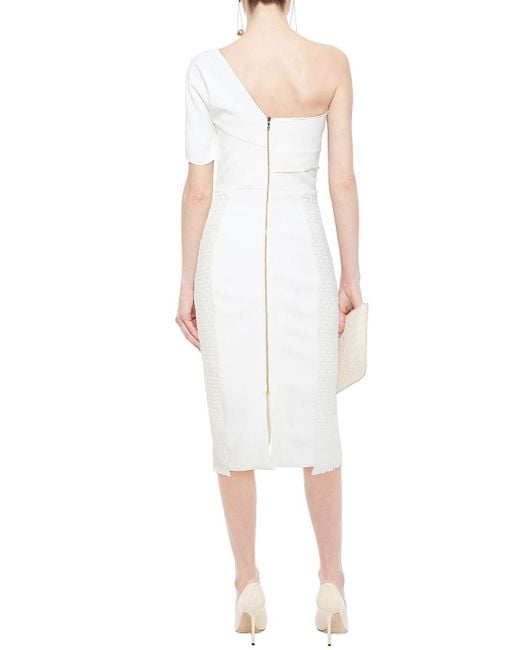 Roland Mouret White Morita One-shoulder Twist-front Crepe And Basketweave Wool-blend Midi Dress