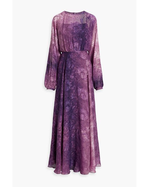 Mikael Aghal Purple Printed Fil Coupé Chiffon Maxi Dress