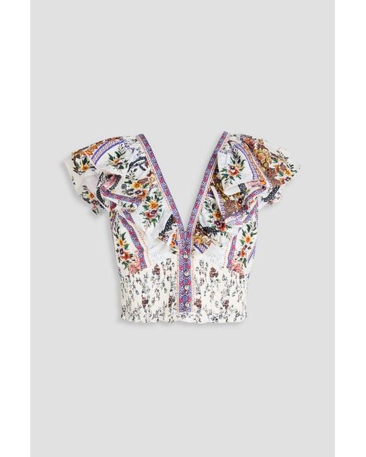 Camilla Blue Cropped Embellished Ruffled Floral-Print Cotton Top