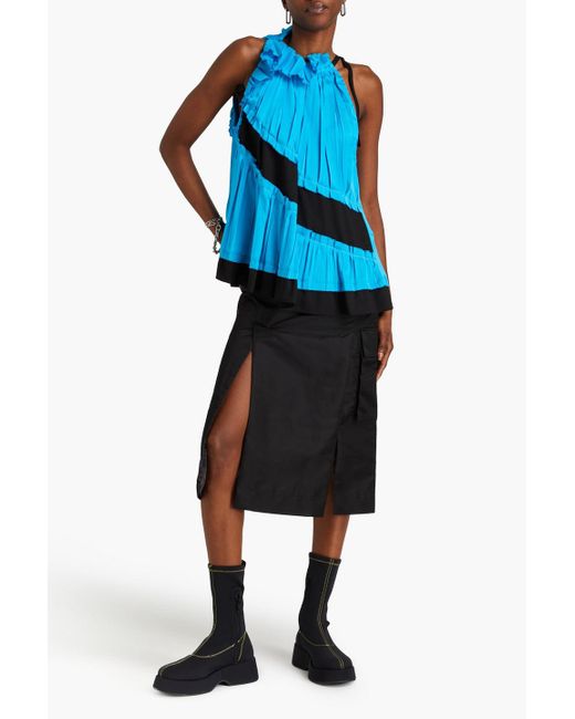 3.1 Phillip Lim Blue Crepe-trimmed Pleated Satin Top