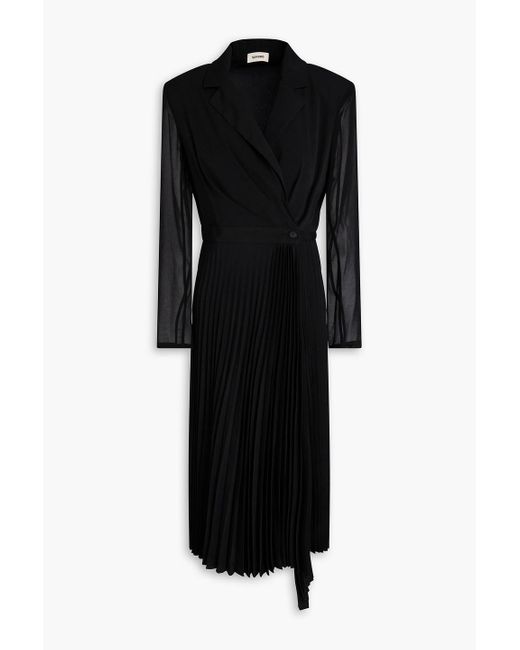 Sandro Black Pleated Crepe And Chiffon Midi Wrap Dress
